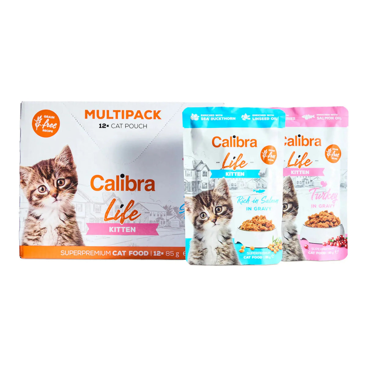 Contenido del multipack Calibra Life de sobres para gatitos: caja y sobres de pavo y salmón