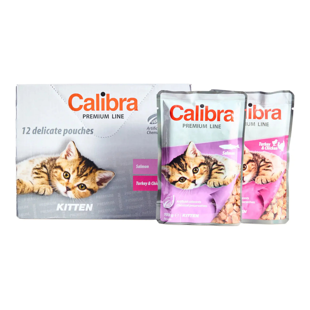 Caja y sobres de salmón y de pavo y pollo del multipack Calibra Premium Kitten