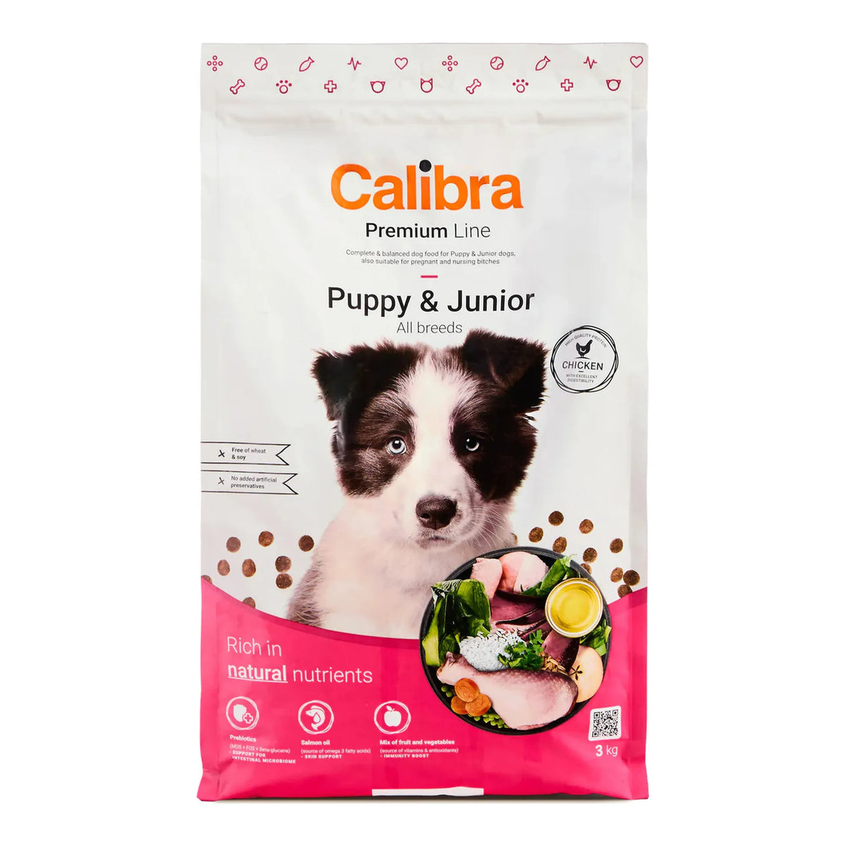 Parte frontal del saco del pienso Calibra Premium Line Puppy & Junior, con un cachorro en el envase