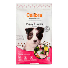 Parte frontal del saco del pienso Calibra Premium Line Puppy & Junior, con un cachorro en el envase