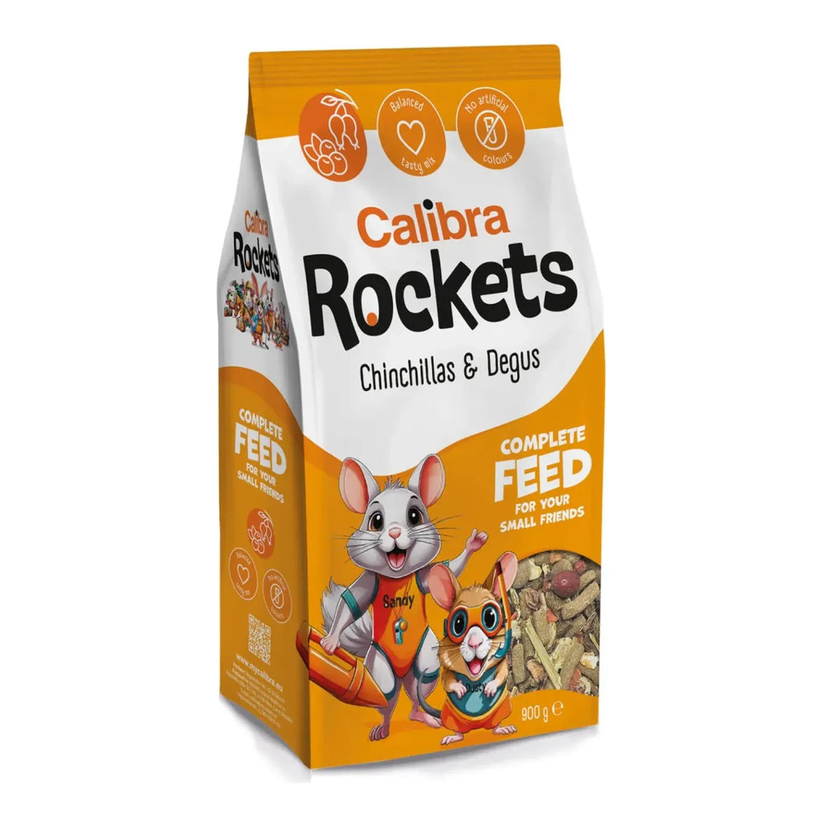 Comida para chinchillas Calibra Rockets: bolsa naranja de 900 g con personajes de chinchilla y degú