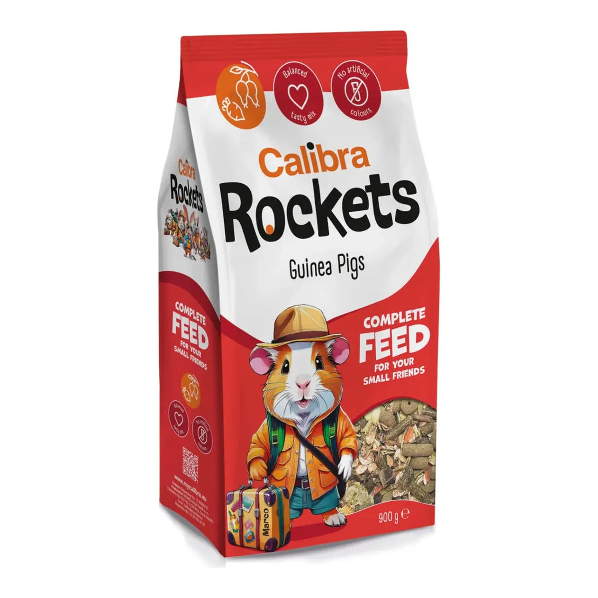 Comida para cobayas Calibra Rockets: bolsa roja de 900 g con una cobaya exploradora