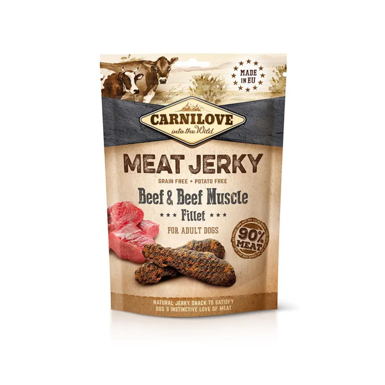 Bolsa de snack Carnilove Meat Jerky Beef & Beef Muscle Fillet con tiras de carne de vacuno deshidratada para perros adultos sin cereales ni patata.