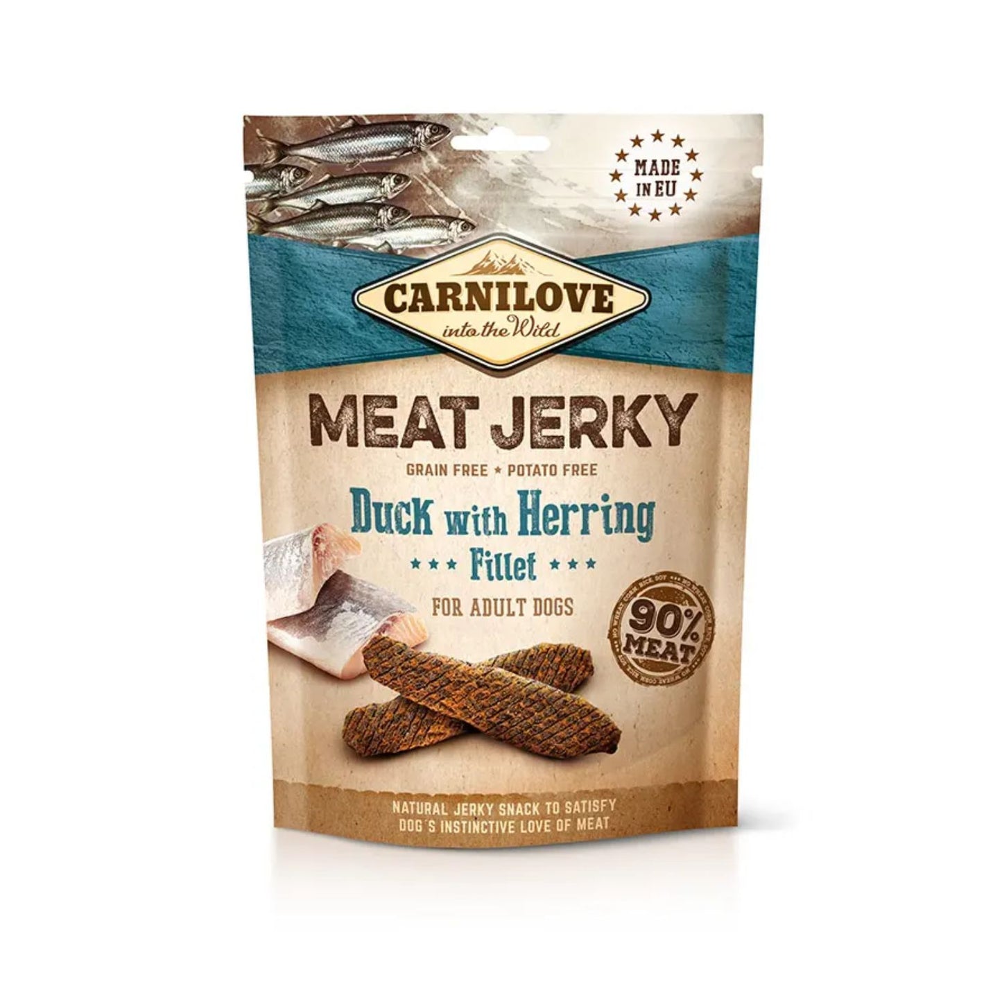 Bolsa de snack Carnilove Meat Jerky Duck with Herring Fillet con tiras de carne deshidratada para perros adultos sin cereales ni patata.