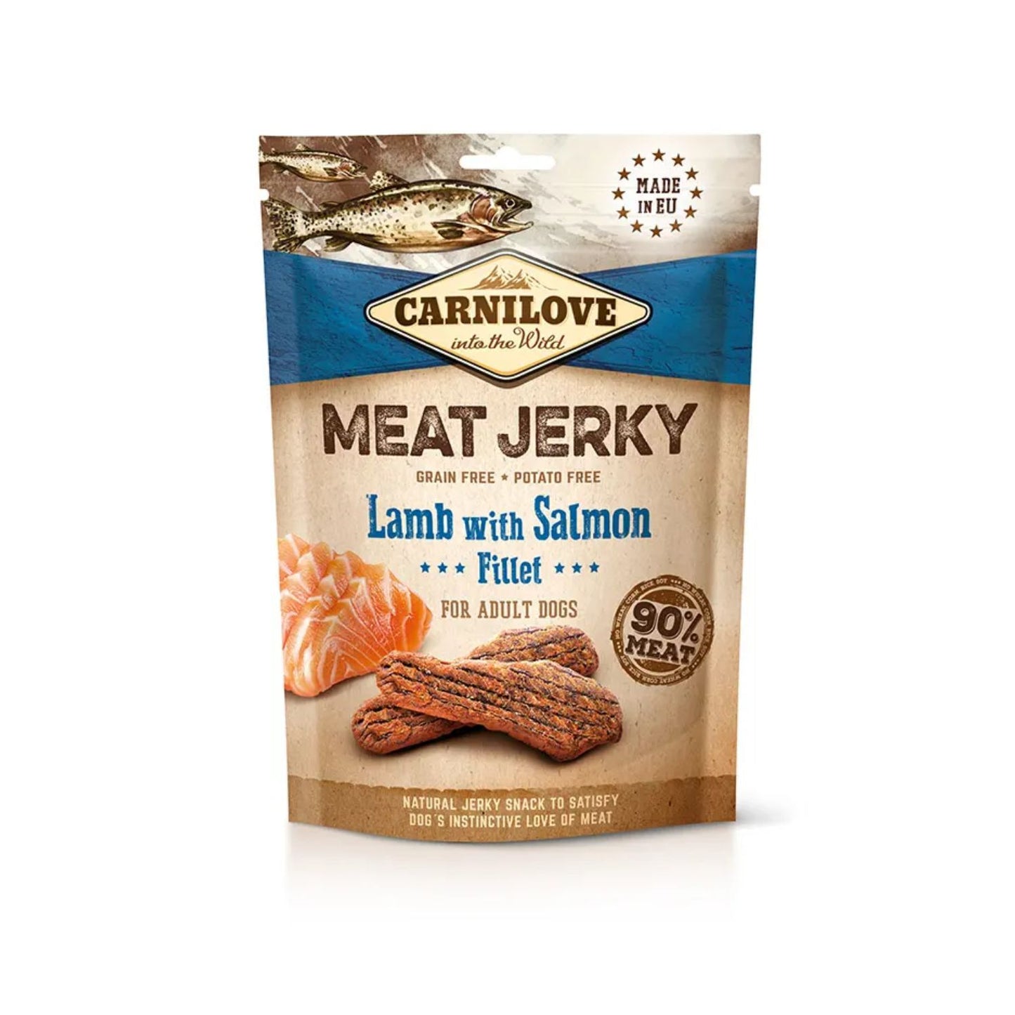 Bolsa de snack Carnilove Meat Jerky Lamb with Salmon Fillet con tiras de carne deshidratada para perros adultos sin cereales ni patata.