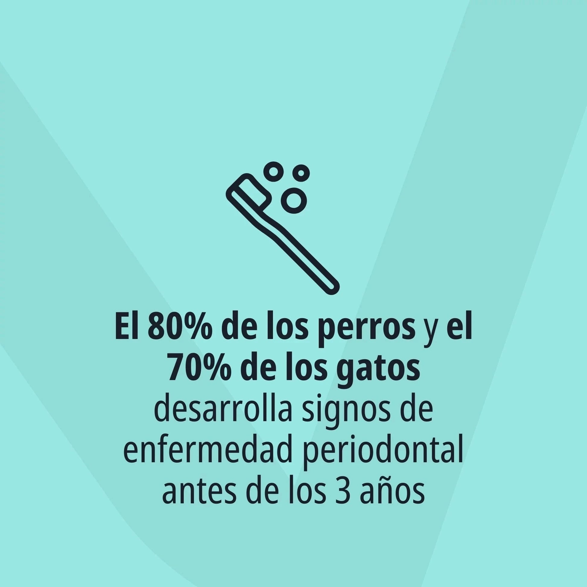 Icono lineal de cepillo de dientes con burbujas sobre fondo verde menta con logo Virbac en marca de agua y texto El 80% de los perros y el 70% de los gatos desarrolla signos de enfermedad periodontal antes de los 3 años