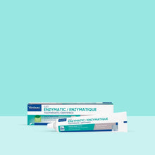 Tubo CET Enzymatic Toothpaste Virbac 70 g con su caja sobre fondo verde menta bicolor, etiqueta turquesa y blanca, texto C.E.T. Enzymatic Toothpaste Tartar and plaque control Poultry flavour Dogs and cats, sello CET Enzyme System y ECO FRIENDLY