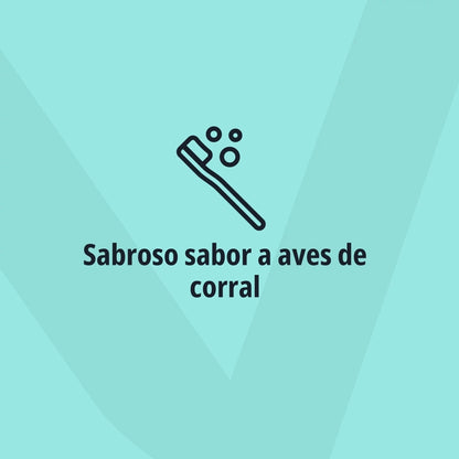Icono lineal de cepillo de dientes con burbujas sobre fondo verde menta con logo Virbac en marca de agua y texto Sabroso sabor a aves de corral