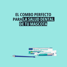 Caja CET Enzymatic Virbac con tubo de pasta y cepillo de dientes azul de doble cabezal apoyado delante, texto El combo perfecto para la salud dental de tu mascota, fondo verde menta