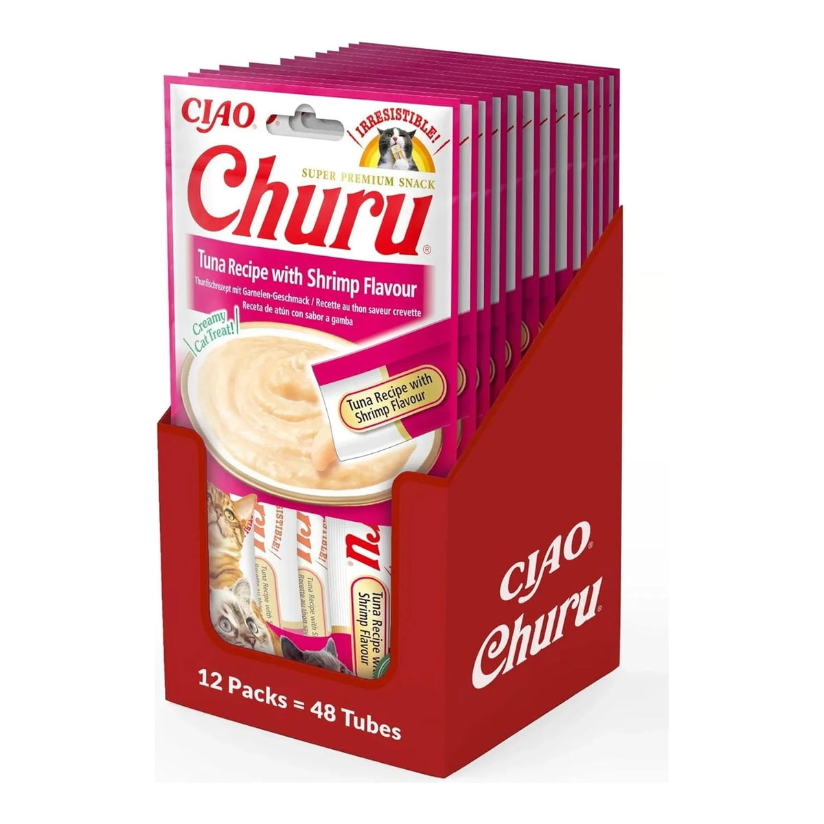 Caja expositora abierta llena de paquetes de Churu de atún con sabor a gamba