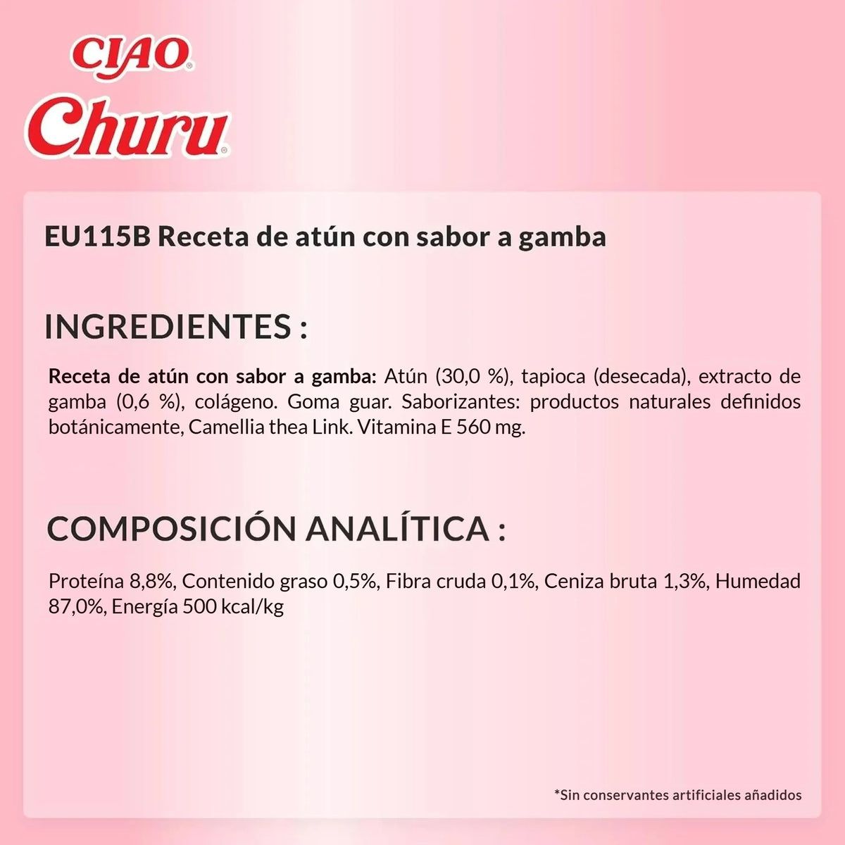 Ficha técnica en español del Churu de atún con sabor a gamba, con ingredientes y analíticos