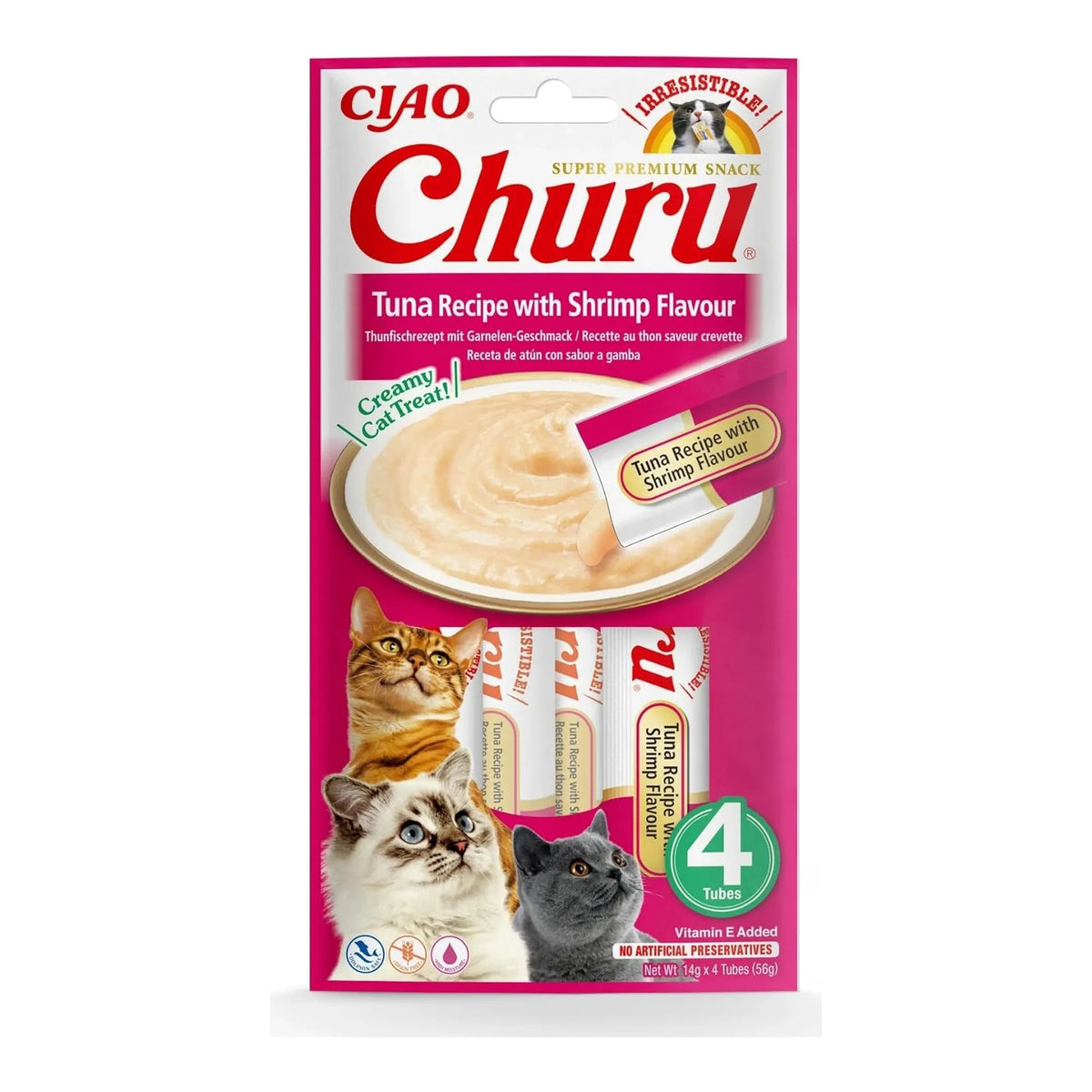 Churu de atún con sabor a gamba para gatos, paquete de 4 tubos de 14 g (56 g), EAN 18859387701647