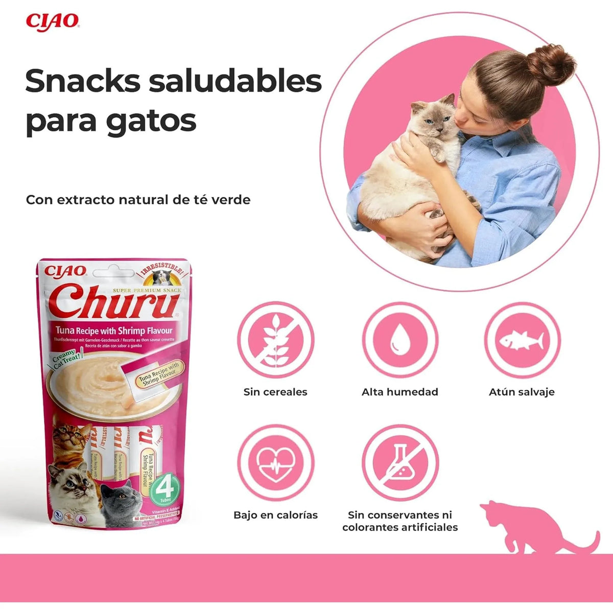 Mujer abrazando a su gato junto a un paquete de premios y cinco iconos redondos