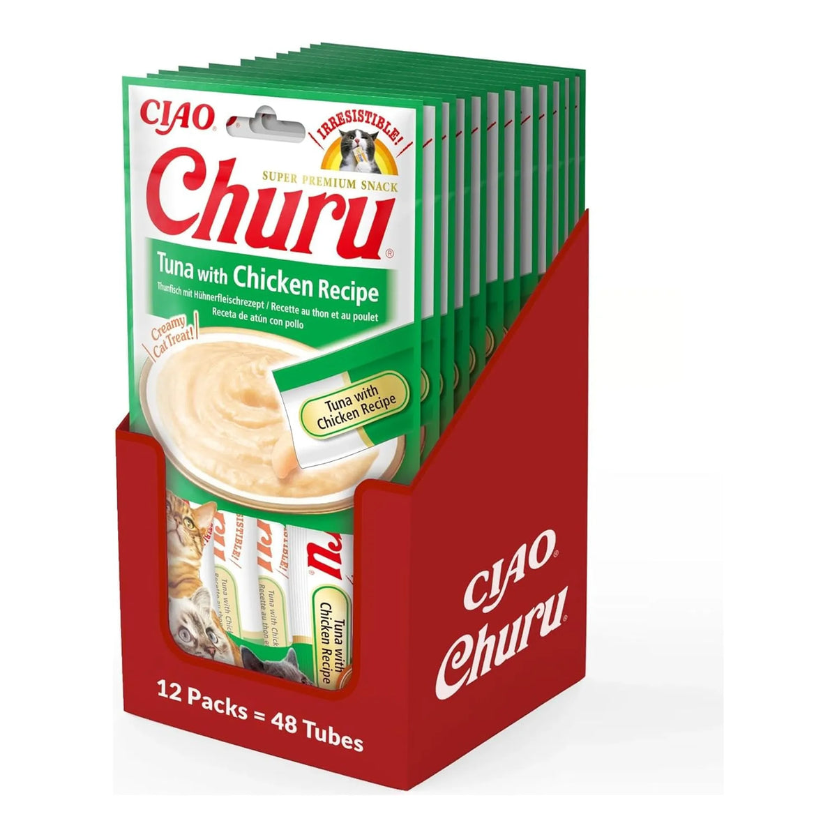 Caja expositora de la tienda con varios paquetes de Churu de atún con pollo en su interior