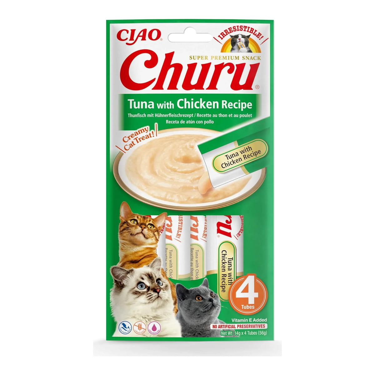 Churu de atún con pollo para gatos, paquete de 4 tubos de 14 g (56 g), EAN 18859387700688