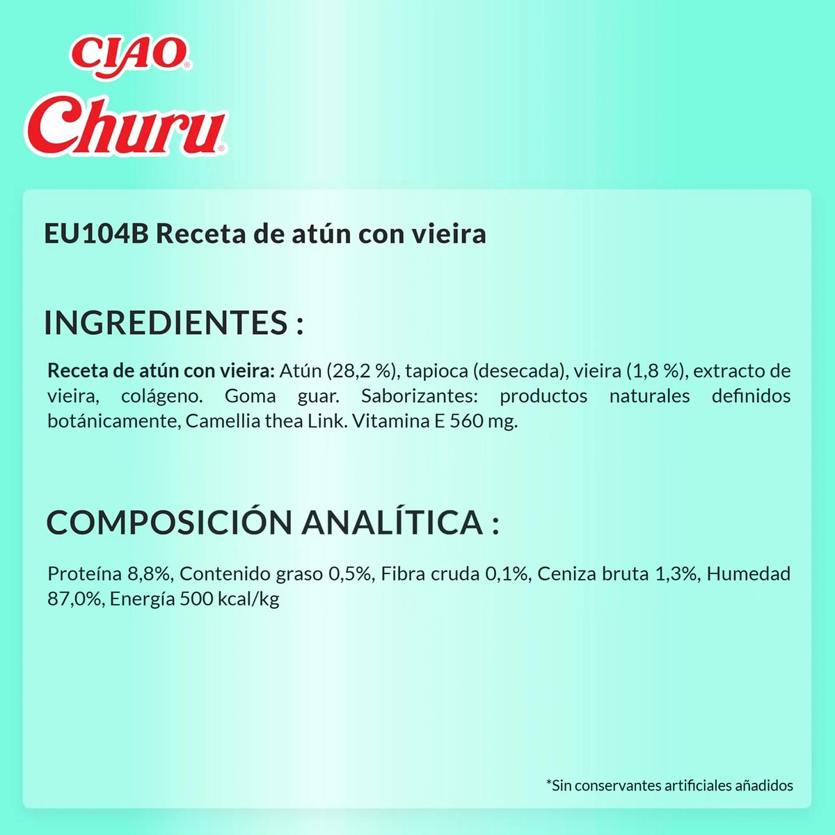 Ficha técnica en español del Churu de atún con vieira, con los ingredientes y la composición analítica