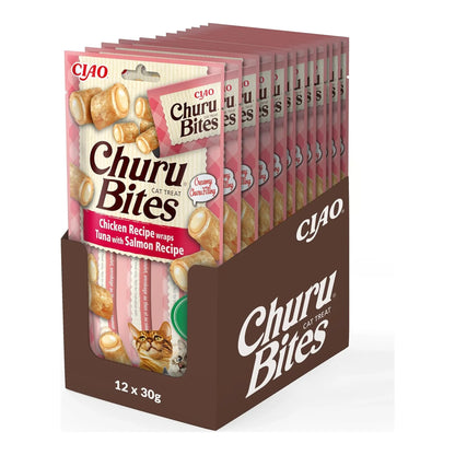 Caja expositora con las bolsas de Churu Bites de atún con salmón agrupadas en su interior