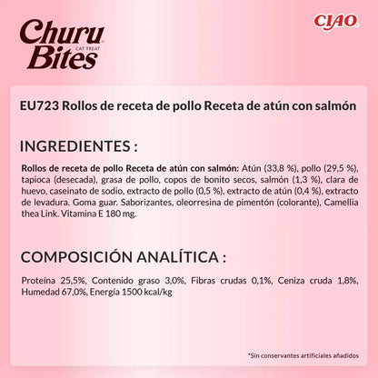 Ficha técnica en español de Churu Bites de atún con salmón, con ingredientes y composición analítica