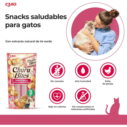 Una mujer abraza a su gato al lado del paquete de la receta, acompañados de cinco iconos