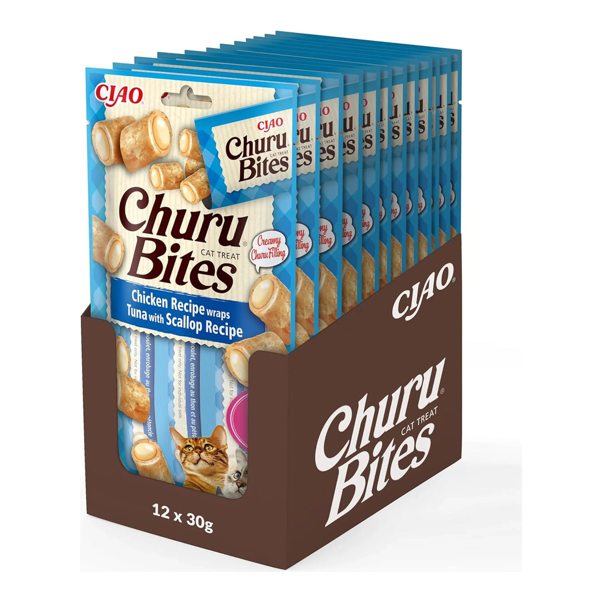 Caja expositora que agrupa las bolsas individuales de Churu Bites de atún con vieira