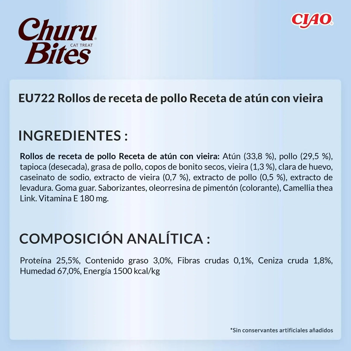 Ficha técnica en español de Churu Bites de atún con vieira con ingredientes y composición analítica