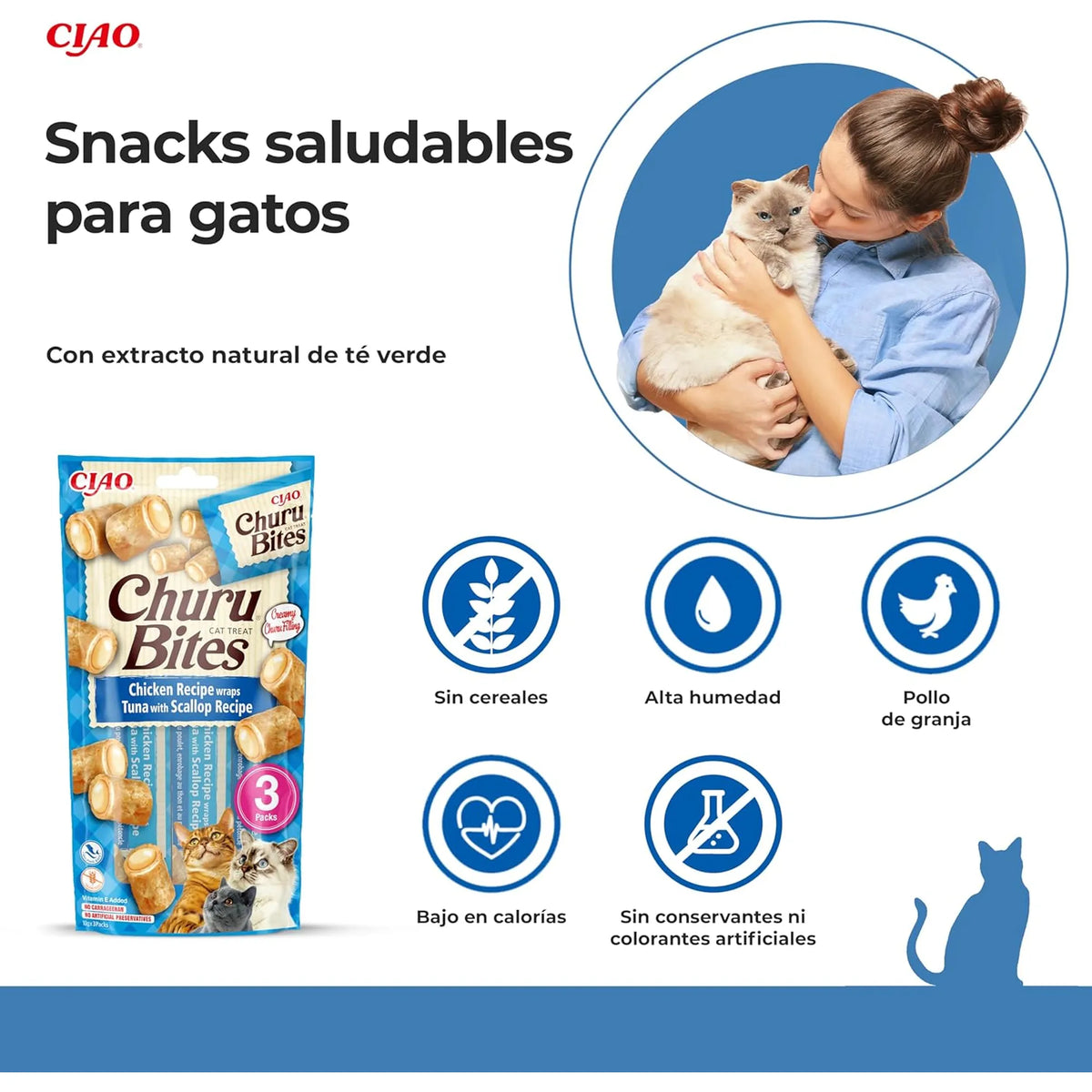 Mujer abrazando a su gato junto a un paquete de la receta y una fila de cinco iconos