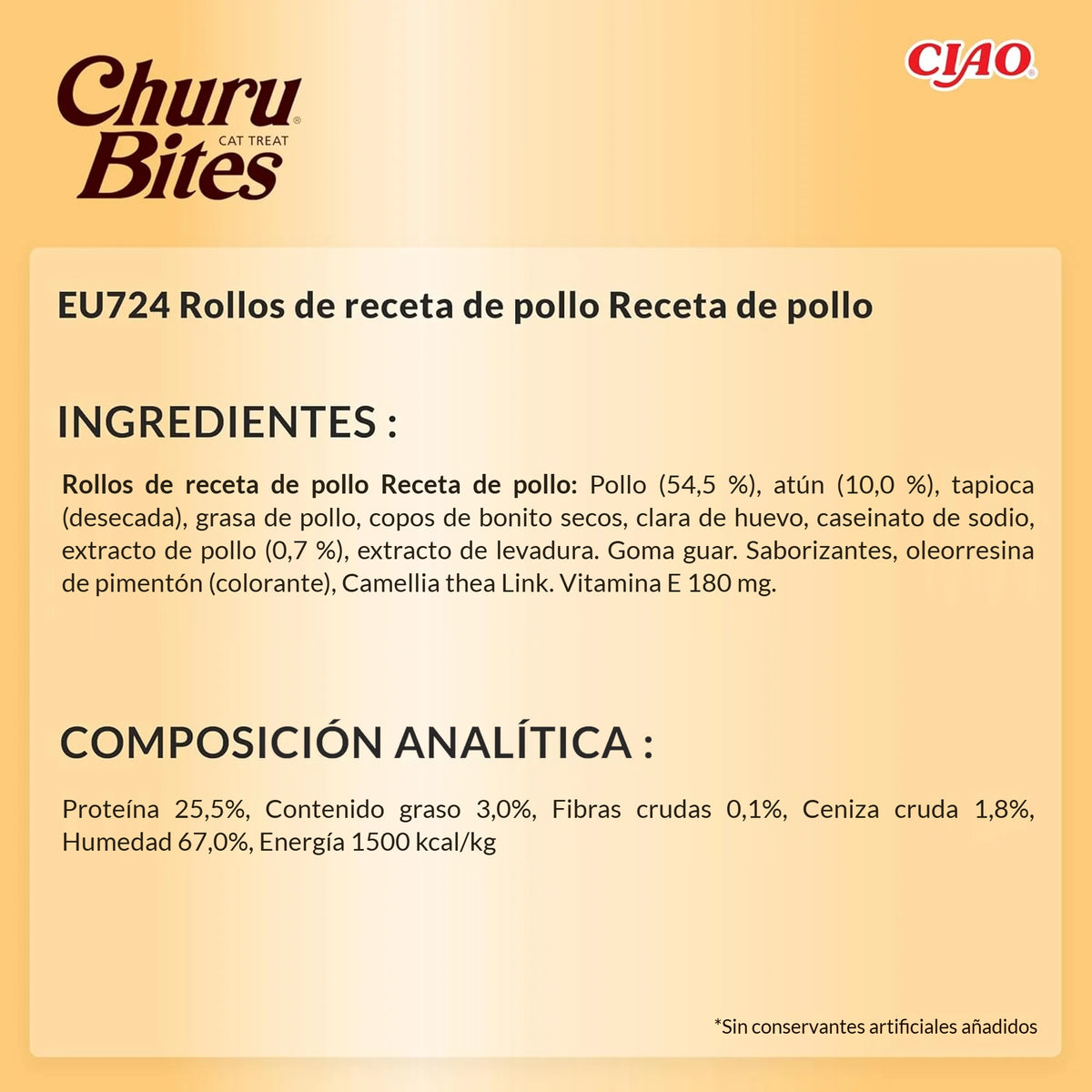 Ficha técnica en español de los Churu Bites de pollo, con la lista de ingredientes y la composición analítica