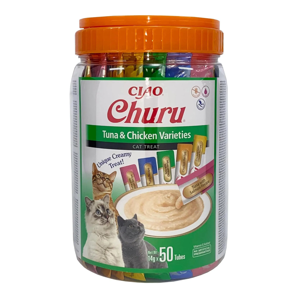 Churu variedades de atún y pollo para gatos en bote de 50 tubos, bote de 50 tubos de 14 g (700 g), EAN 8859387701596