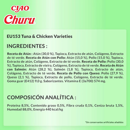 Ficha técnica en español del Churu bote de atún y pollo con sus cinco recetas y los analíticos