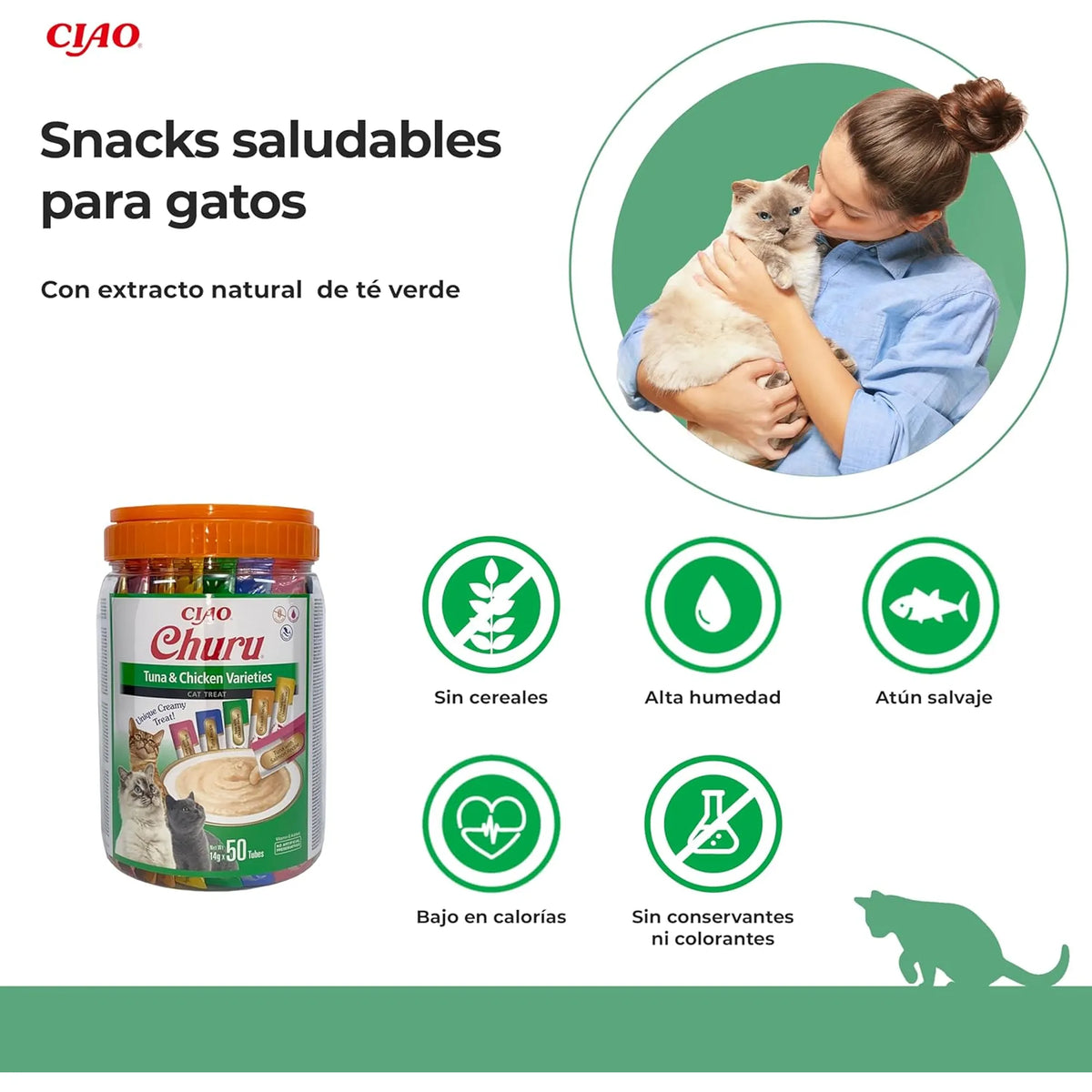 Mujer abrazando a su gato junto al envase de Churu de atún y pollo y cinco iconos redondos