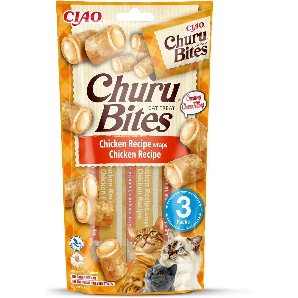 Churu Bites de pollo para gatos, bolsa de 3 piezas de 10 g vista de frente, EAN 18859387700824