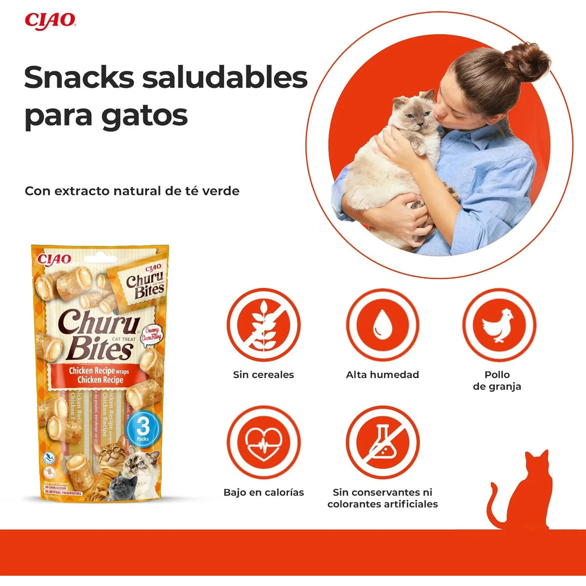 Mujer abrazando a un gato atigrado junto a la bolsa naranja y cinco iconos de la receta sobre fondo blanco