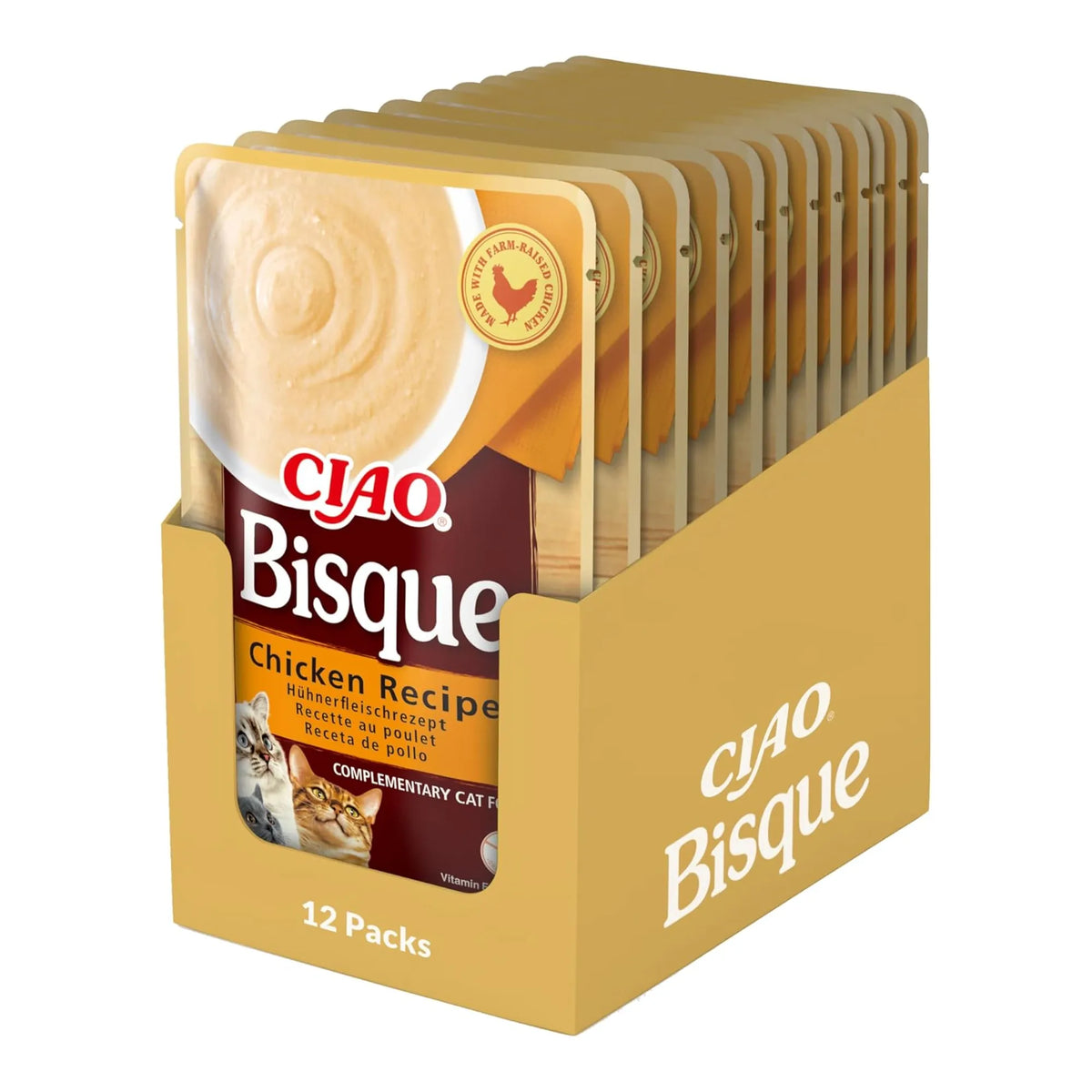 Caja expositora abierta con 12 sobres de Ciao Bisque de pollo para gatos colocados en fila