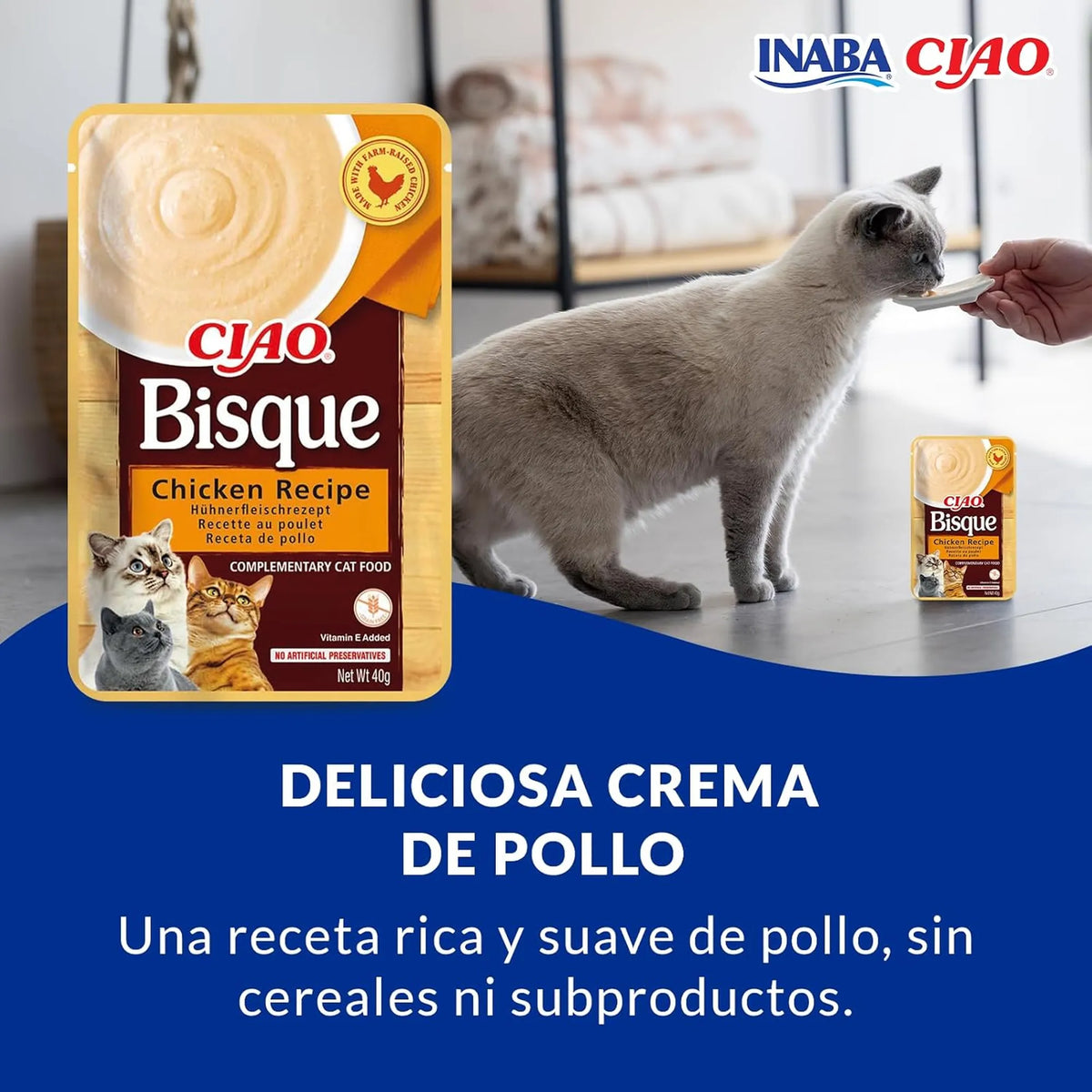 Gato gris estirándose hacia la mano de su dueño en la cocina, junto al sobre de la crema de pollo