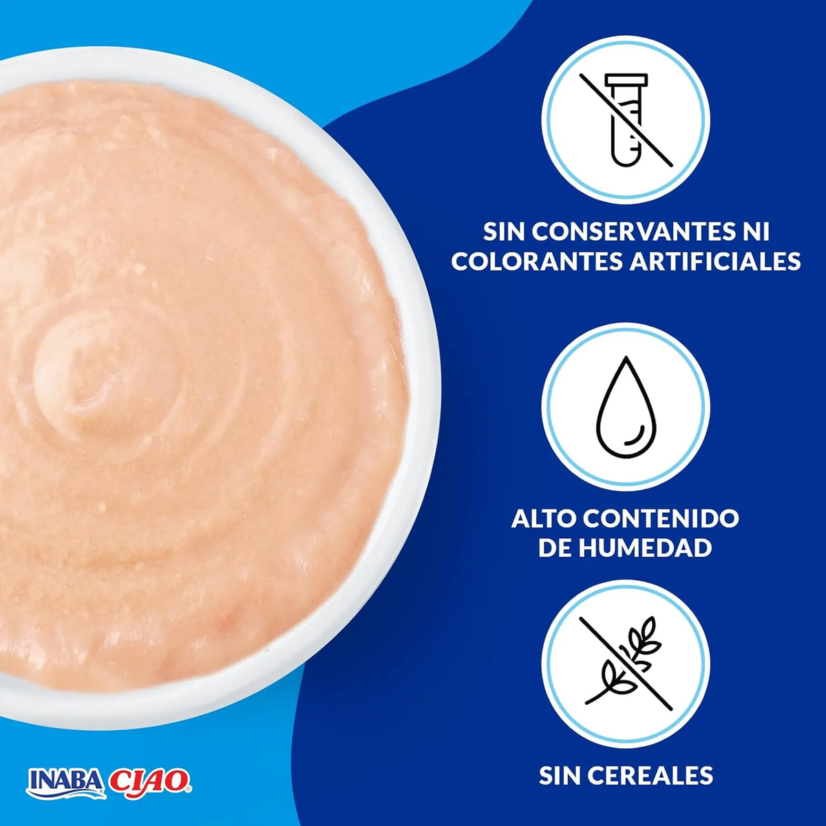 Cuenco blanco lleno de crema rosada y espesa junto a tres iconos blancos sobre fondo azul