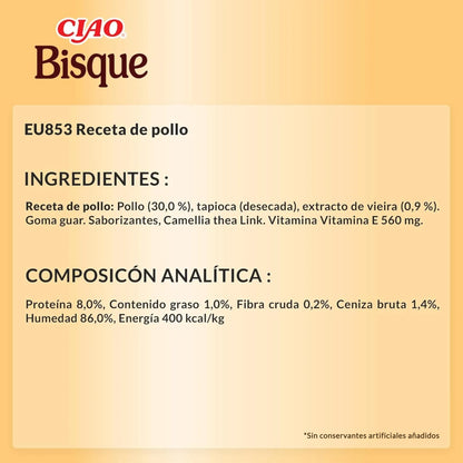 Ficha técnica en español del Ciao Bisque de pollo, con los ingredientes y la composición analítica