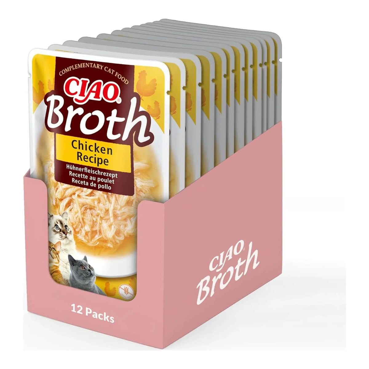 Caja expositora rosa con 12 sobres de Ciao Broth de pollo para gatos colocados en fila
