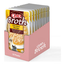 Caja expositora rosa con 12 sobres de Ciao Broth de pollo para gatos colocados en fila