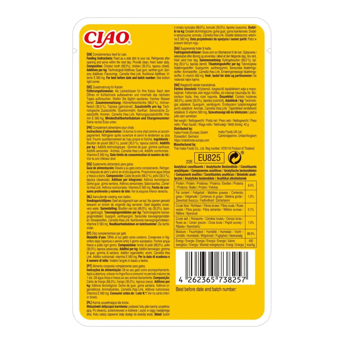 Dorso del sobre amarillo con el etiquetado legal en varios idiomas y el código de barras