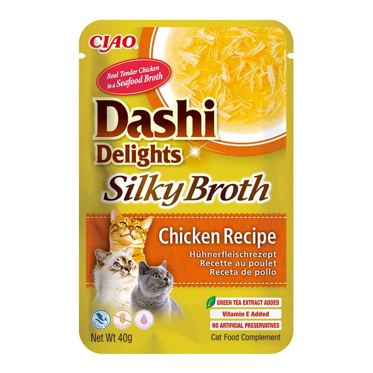Dashi Delights caldo de pollo para gatos, sobre Silky Broth de 40 g visto de frente, EAN 14262365730975