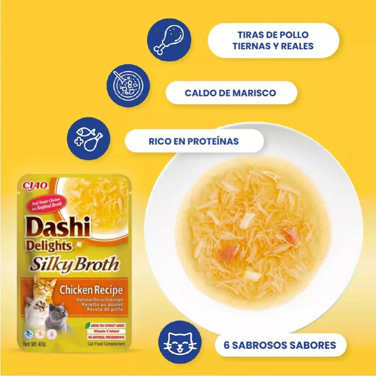 Sobre de Dashi Delights junto a un cuenco de caldo con tiras de pollo y cuatro rótulos sobre fondo amarillo
