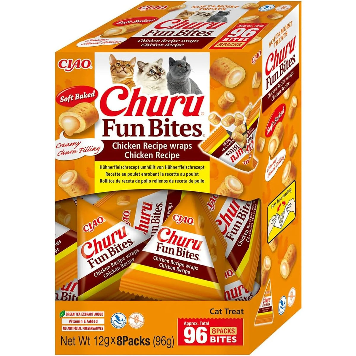 Churu Fun Bites de pollo para gatos, caja naranja de 8 sobres vista de lado, EAN 4262365731746