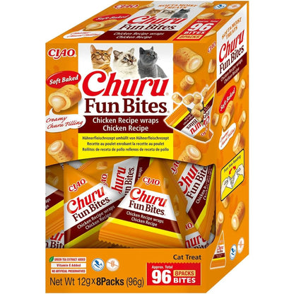 Churu Fun Bites de pollo para gatos, caja naranja de 8 sobres vista de lado, EAN 4262365731746
