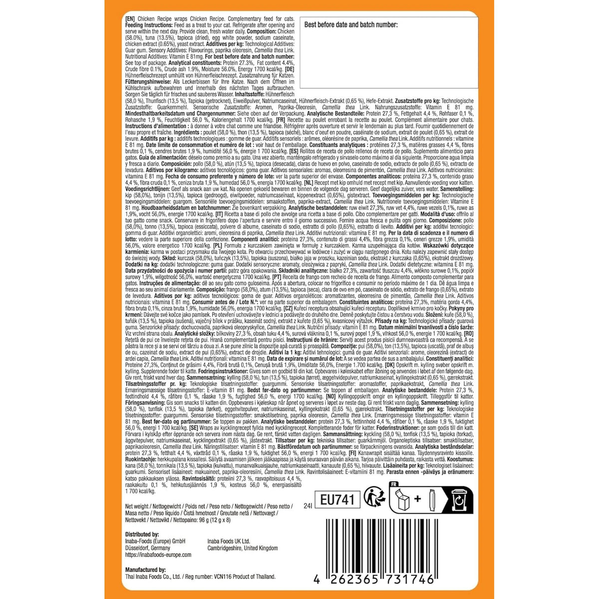 Dorso de la caja naranja con el etiquetado legal en varios idiomas y el código de barras
