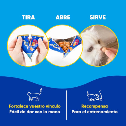 Tres pasos en fotos: tirar del sobre, abrirlo y ofrecer una pieza a un gato, sobre fondo azul