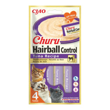 Churu Hairball de atún para gatos, paquete de 4 tubos de 14 g visto de frente, EAN 14262365730555