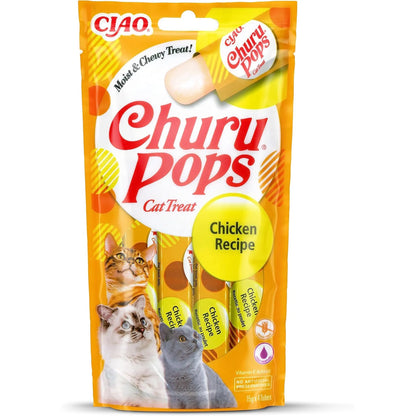 Churu Pops de pollo para gatos, bolsa de 4 tubos de 15 g vista de frente, EAN 18859387701005