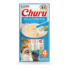Churu de atún con vieira para gatos, paquete de 4 tubos de 14 g visto de frente, EAN 18859387700701