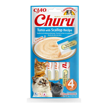Churu de atún con vieira para gatos, paquete de 4 tubos de 14 g visto de frente, EAN 18859387700701