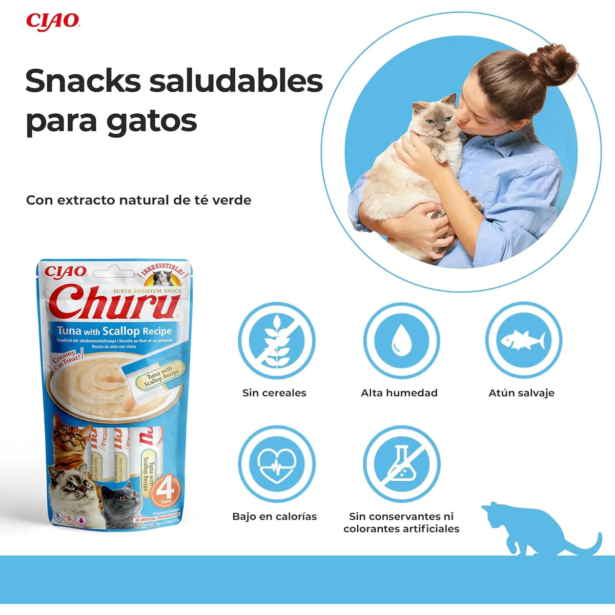 Mujer abrazando a un gato atigrado junto al paquete azul y cinco iconos de la receta sobre fondo blanco